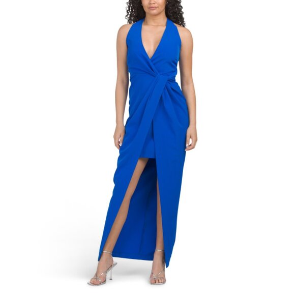 JEWEL BY BADGLEY MISCHKA Cobalt Halter Neck Slit Front Gown - Picture 1 of 2